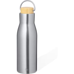 A drink bottle in silver stainless steel with a wooden cap, featuring a logo on the side.