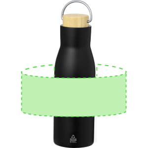 A drink bottle in matte black with a wooden cap and a metal handle, featuring a logo on its surface.