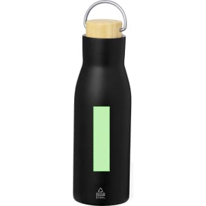 A drink bottle in matte black with a wooden lid and a light green accent, featuring a logo.