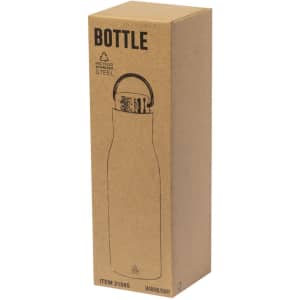 A drink bottle in a cardboard box, featuring a stainless steel design in navy and metallic colours. Includes a branding logo.