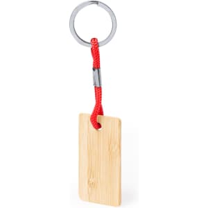 A bamboo keyring with a red braided cord and a silver metal ring.