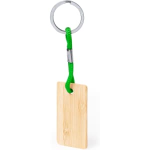 A bamboo keyring with a green braided strap and a silver metal ring. Features a branding area on the bamboo.