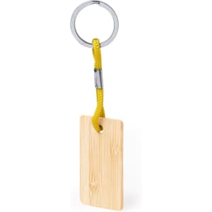 A wooden keyring with a yellow rope attached to a metal ring. It features a simplistic design with a natural finish.