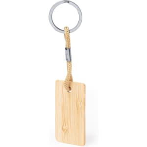 A bamboo keyring with a shiny metal keyring attachment and a natural colour.