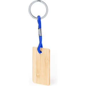A bamboo keyring with a blue rope attachment and a metal ring for easy carrying.