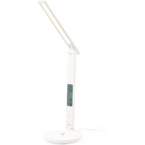 A white multifunction lamp with a sleek design, featuring a digital display and flexible arm for light adjustment.