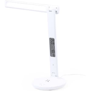 A white multifunction lamp with a digital display, adjustable arm, and circular base, featuring a logo on the base.