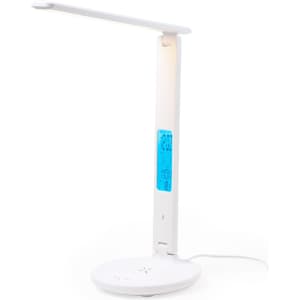 A white multifunction lamp featuring a digital display and a wireless charging base. It has a sleek, modern design.