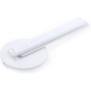 A white multifunction lamp featuring a circular base and an adjustable arm. It includes a logo on the base.