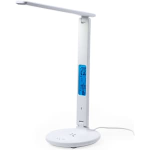 A white multifunction lamp with a digital display, wireless charging base, and adjustable arm.