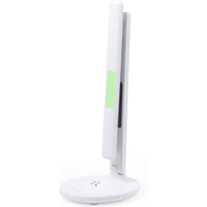 A white multifunction lamp with a sleek design, featuring a green accent and a base for stability.