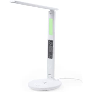 A white multifunction lamp with a sleek design, featuring a digital display and a wireless charging base.