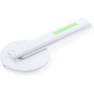 A white multifunction lamp with a circular base and an adjustable arm, featuring a small green indicator.