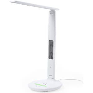 A multifunctional desk lamp in white with a digital clock and wireless charging capabilities.
