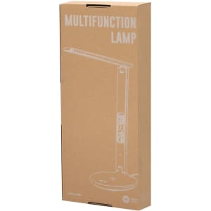 A multifunction lamp in a box, featuring a sleek design with a round base and touch controls. The colour is primarily light brown.