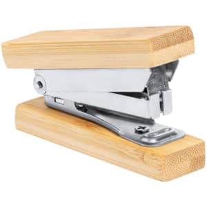 A bamboo-themed stapler with a silver metal mechanism, featuring a smooth and sleek design.