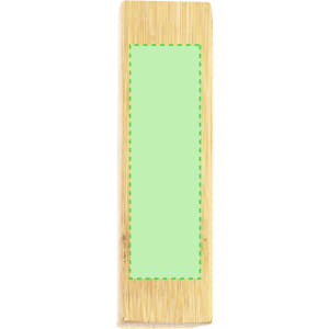 A bamboo stapler in a natural finish with a soft green section, featuring a branding logo.