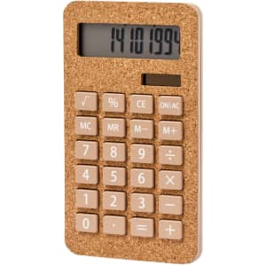 A cork-textured calculator in beige with a clear digital display and a standard number keypad.