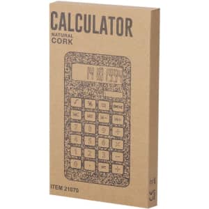 A natural cork calculator in a brown packaging box featuring a simple design and buttons.