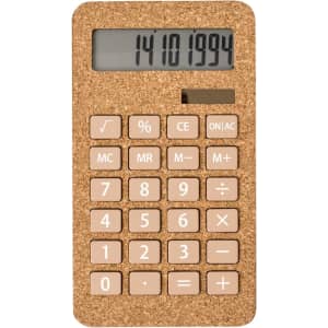 A cork-textured calculator in beige and brown, featuring a digital display and a numerical keypad.