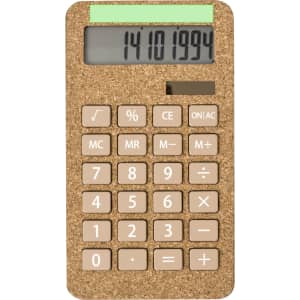 A cork-patterned calculator with a simple keypad and display. It features beige buttons and a small logo.