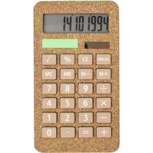 A cork-textured calculator in beige with a digital display and simple brown buttons. It includes a logo on the front.