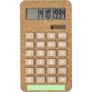 A cork-textured calculator in beige and brown with a digital display and standard mathematical keys. It features a logo.