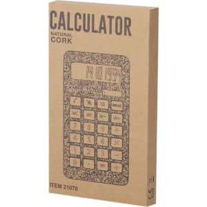 A cork-coloured calculator housed in a natural cardboard packaging, featuring a numeric keypad and a display.