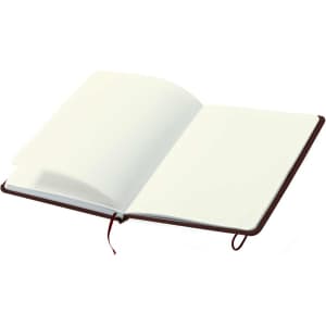 A brown notepad with blank white pages, open to reveal its inside. It features a ribbon bookmark.