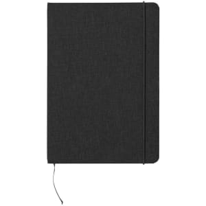 A notepad with a black fabric cover, featuring an elastic band and a ribbon bookmark. It has a branded logo.