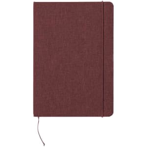 A maroon notepad with a textured cover, featuring an elastic band closure and a ribbon bookmark.