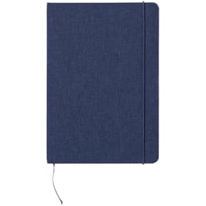 A navy blue notepad with a textured cover, featuring an elastic band closure and a ribbon bookmark.