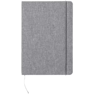 A grey notepad with a textured cover, featuring an elastic band and a ribbon bookmark. Includes a logo on the cover.