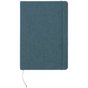 A dark blue notepad with a textured cover, featuring an elastic closure and a ribbon bookmark.