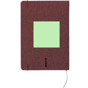 A maroon notepad with a green bordered square cutout and a branding logo at the bottom. Features an elastic closure.