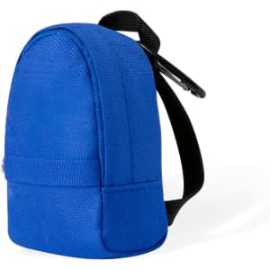 A small blue backpack purse with a black strap, featuring a textured surface and rounded top design.