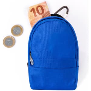 A small blue purse with a zipper, featuring a €10 note and two euro coins beside it.