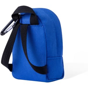 A small blue purse with a black strap and a carabiner clip on the side. It has a simple design and a logo.
