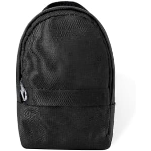 A black purse with a structured design, featuring a zip closure and a front pocket. It includes a logo.