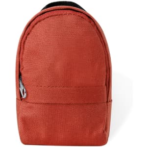 A small, red purse with a textured fabric and zip closure, featuring a rounded design and a black accent.