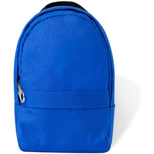 A small blue purse with a rounded shape and a zip closure, featuring a contrasting black strap.
