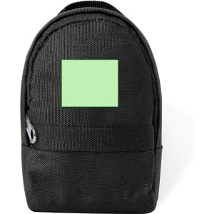 A compact black purse with a textured surface and a rectangular area for branding or design.