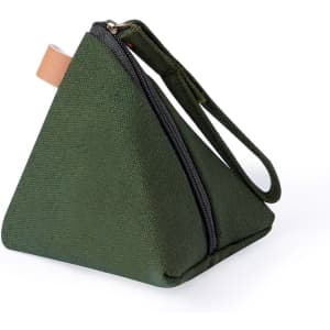 A green triangular purse with a zip closure and a wrist strap. It has a minimalistic design.