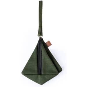 A green triangular purse with a zippered closure and a wrist strap, featuring a small branding logo.