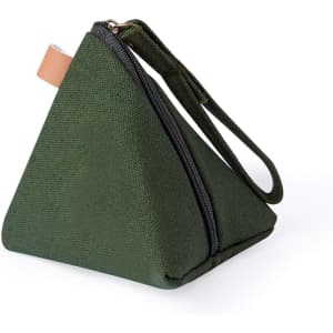 A green triangular purse with a zip closure and a wrist strap, featuring a small leather tag.