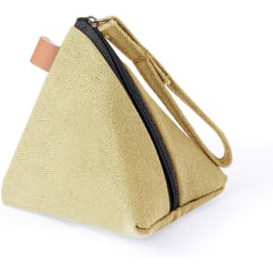 A triangular, yellow-green purse with a zippered closure and a wrist strap. It features a small branding logo.