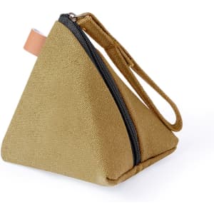 A triangular, tan zipper purse made of textured material, featuring a wrist strap and a logo.
