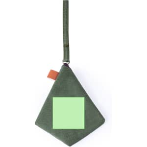 A green diamond-shaped purse with a strap and a blank section, featuring a logo.