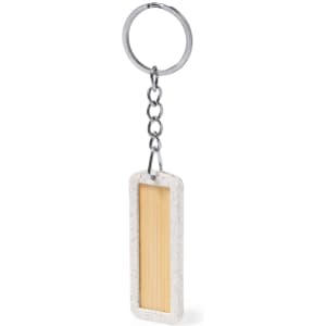 A keyring with a silver metal chain and a rectangular, light grey and bamboo accent.