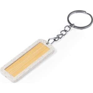 A rectangular keyring with a beige textured border and a yellow wooden centre, attached to a metal chain and ring.